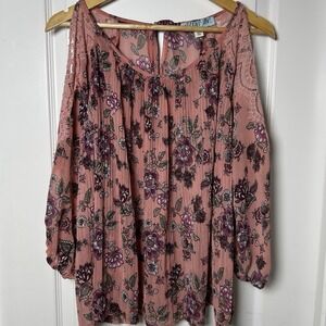 Alna Be Mauve Sheer Floral Print Cold Shoulder Lace Trim Flowy Blouse Boho Style